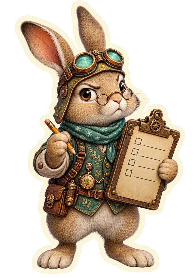 A deeply serious, very cute steampunk rabbit holding a clipboard