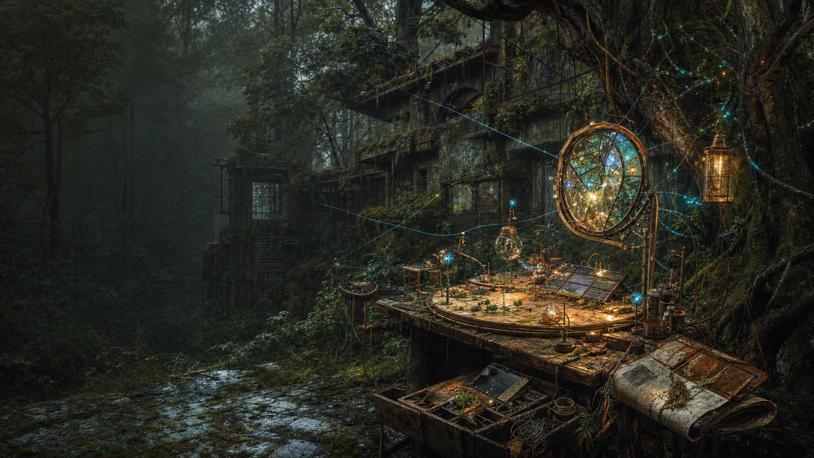 A moss-dark woodland research station with a working desk, luminous instruments, suspended wires, drawers, and a circular passage-routing machine.