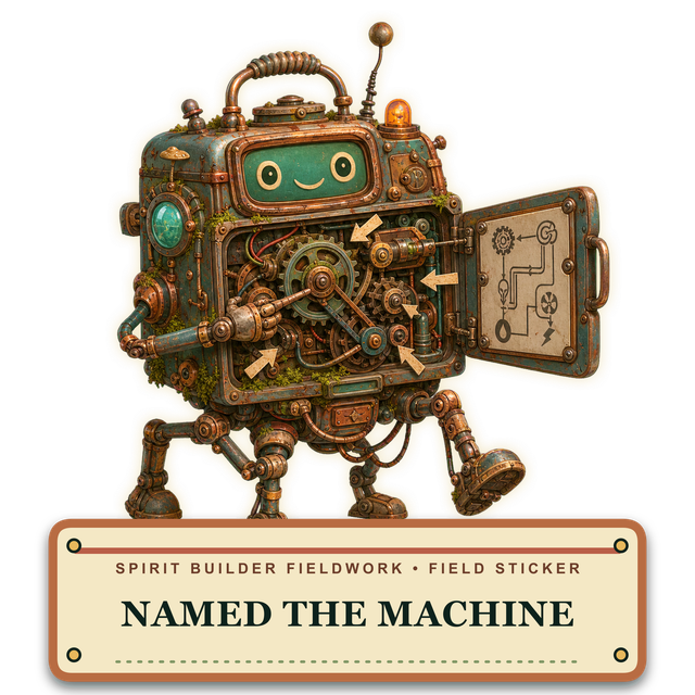 Named the Machine field sticker: a walking console carrying visible mechanisms.