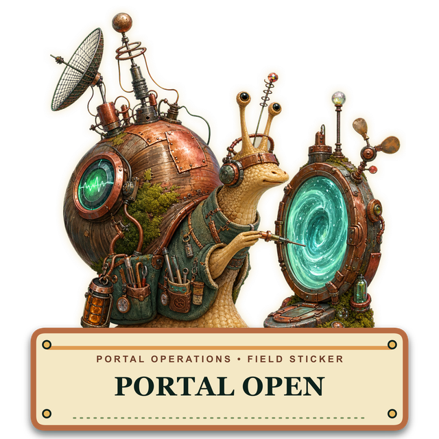 Portal Open field sticker: a copper-and-moss portal machine operated by a field snail.